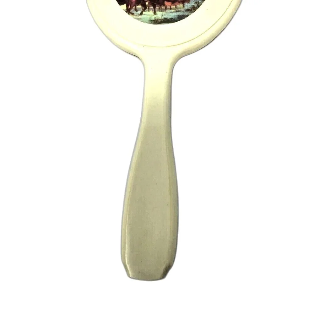 Hand Held Vanity Mirror Vintage Farmhouse Winter Dashing Snow Scene 11.5” Tall